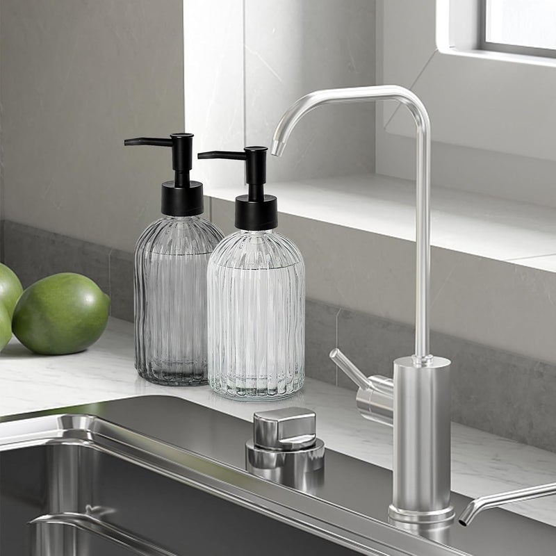 Ulable Black & Clear Glass Soap Dispenser with Plastic Pump, 13.5oz Vertical Stripe Design Hand Soap Dispenser for Dish Wash, Refillable Lotion Dispenser for Bathroom and Kitchen - Image 5